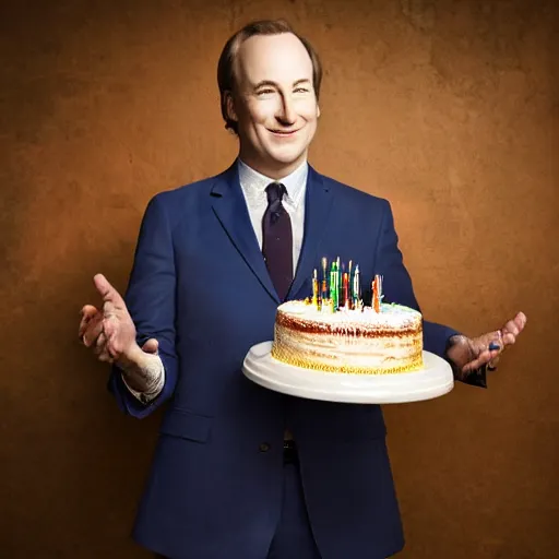 Image similar to bob odenkirk, smiling, holding a birthday cake, studio photograph, cinematic lighting