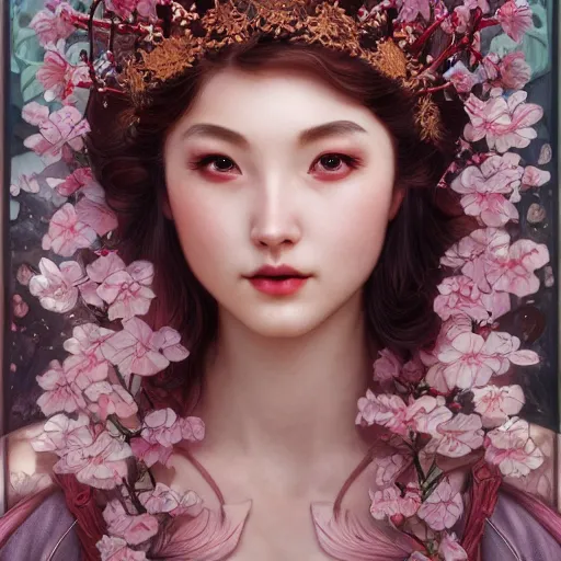 Image similar to a photograpic portrait of a anthropomorphic cherry - blossom queen spirit, fantasy, intricate, elegant, highly detailed, digital painting, artstation, concept art, smooth, sharp focus, illustration, art by artgerm and h r giger and alphonse mucha