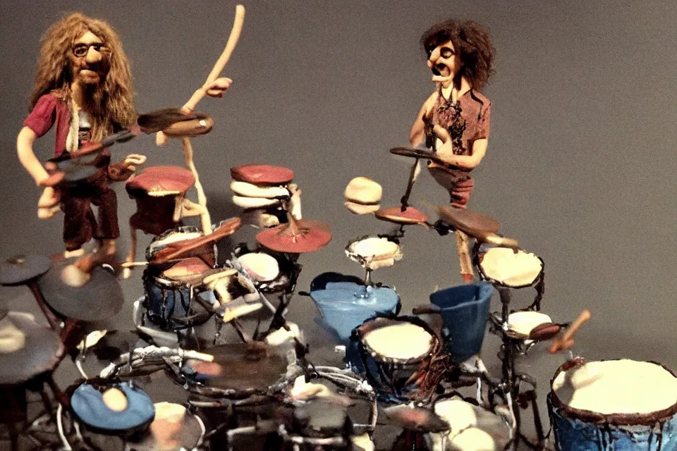 Image similar to a claymation film still of a curly long hair drummer playing the drum set. claymation by bruce bickford