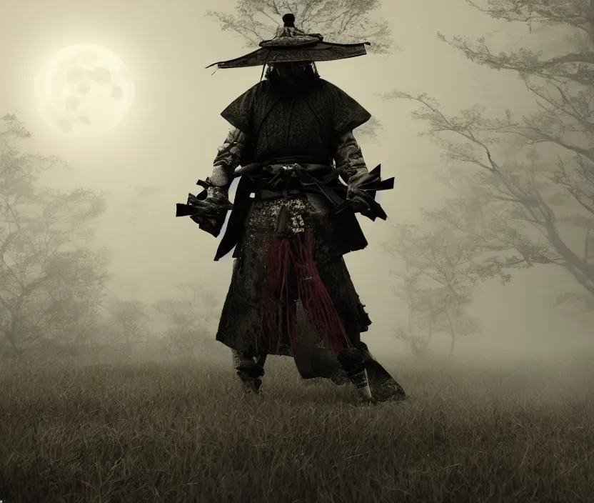 Image similar to 'a samurai! haunted by souls and ghosts with a big full moon on background , gloomy and foggy atmosphere, octane render, artstation trending, highly detailded'