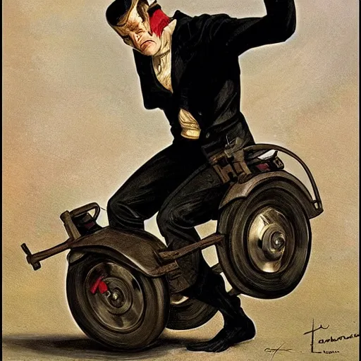 Image similar to frankenstein on a segway chasing crows, painting by by jc leyendecker