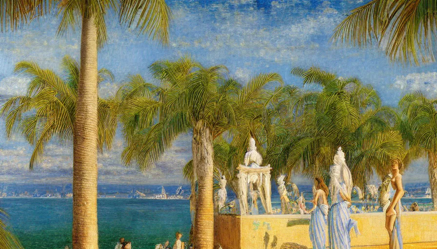 Image similar to a ultradetailed beautiful painting of the amazonas palace balustrade designed by jules bastien - lepage, tarsila do amaral, frank weston and gustave baumann, beach, trending on artstation, mediterranean, palm trees, sharp focus, colorful refracted sparkles and lines, soft light, 8 k 4 k