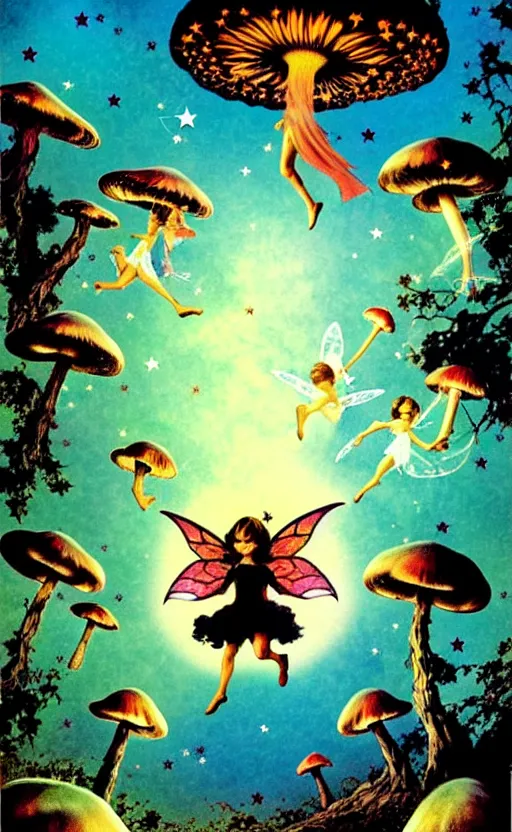 Image similar to stars in the sky fairies flying into an enchanted forest mushrooms on the ground psychedelic wide angle shot white background vector art illustration by frank frazetta