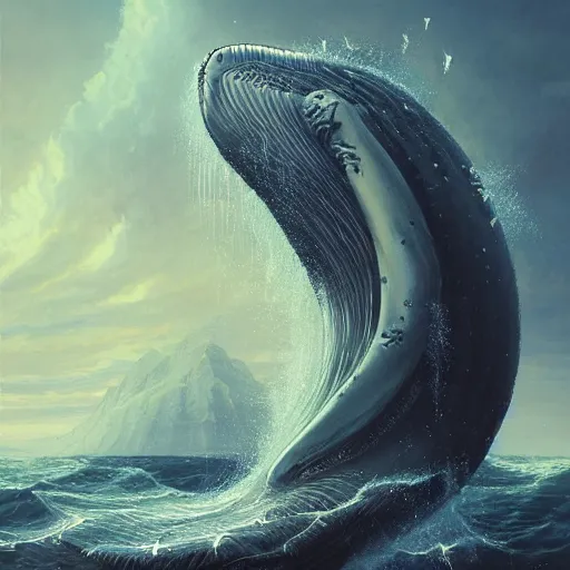 Image similar to decorative shrine of the humpback whale god of the sea, acanthus scroll, ceremonial clouds, dripping paint, fibonacci rhythm, artstation, art germ, wlop, karol bak, christopher balaskas