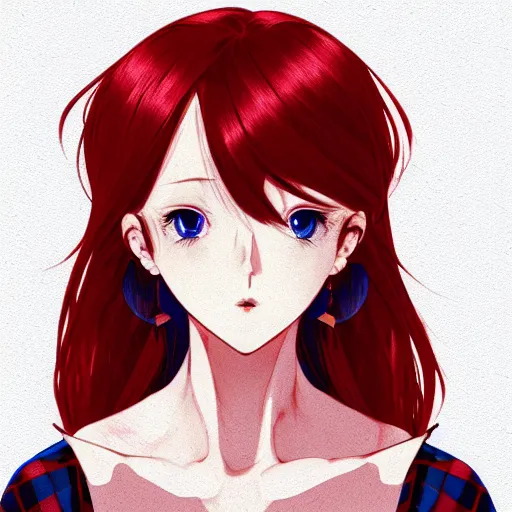 Image similar to full headshot portrait of woman with red hair and blue, digital art, drawn by WLOP, by Avetetsuya Studios, anime manga panel, trending on artstation, wearing a plaid shirt