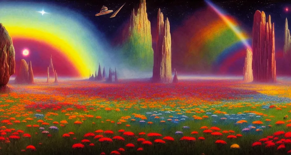 Image similar to a beautiful cinematic view of a large 3 d mystical alien shrine in a field of rainbow colored flowers, underneath a star filled night sky, harold newton, zdzislaw beksinski, donato giancola, warm coloured, gigantic pillars and flowers, maschinen krieger, beeple, star trek, star wars, ilm, atmospheric perspective