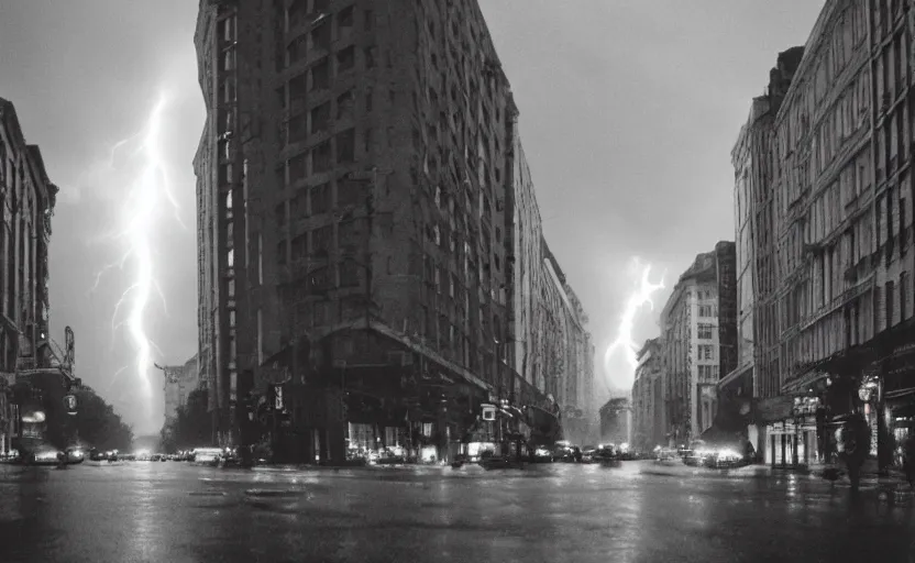 Image similar to 1990s movie still of a yougoslavian street with a giant riot with stalinist style highrise, Cinestill 800t 18mm, heavy grainy picture, very detailed, high quality, 4k panoramic, HD criterion, dramatic lightning, streetlight at night, rain, fog