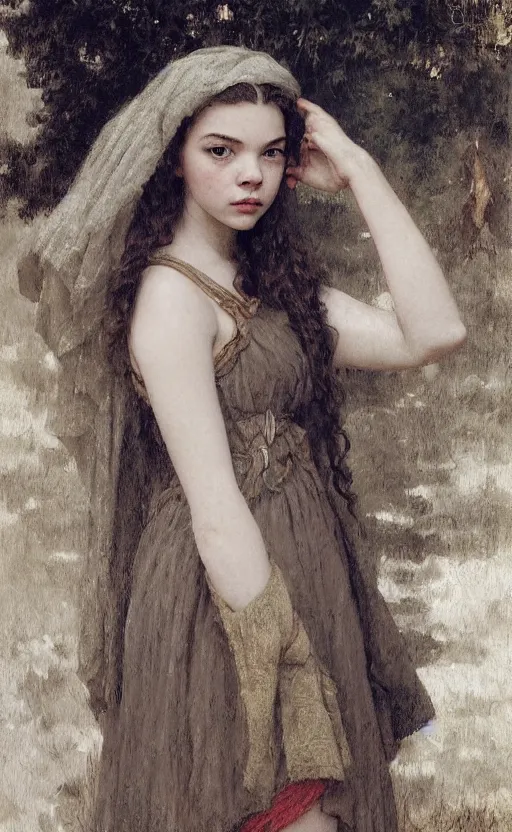 Image similar to anya taylor-joy, traditional corsican, intricate, highly detailed, artstation, illustration, jurgens, rutkowski, bouguereau, pastoral, rustic, georgic