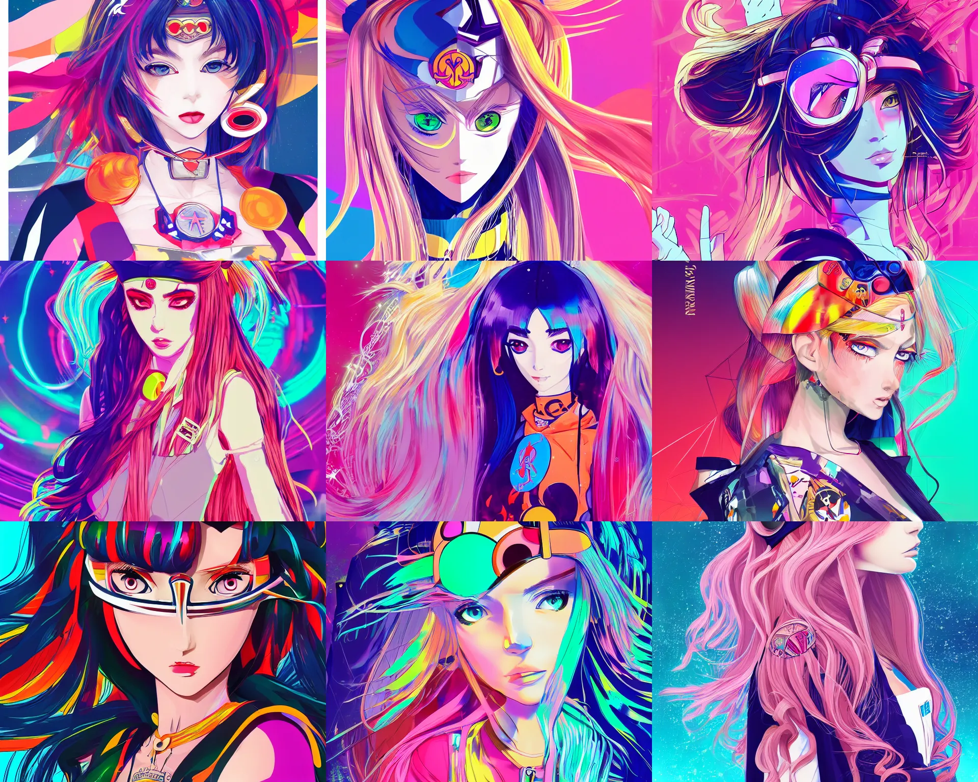 Prompt: poster woman with futuristic streetwear and long hair, colourful, pretty face, intricate eyes, elegant, Anime by Roset Conrad Sailor Moon Kuvshinov Ilya 4k, HDR, Graphic Design, Behance Trending on artstation, award winning