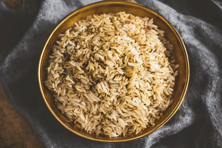 Image similar to a golden ornate bowl of rice. Professional studio photography