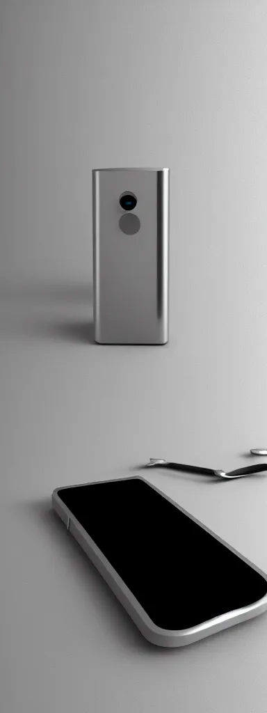 Image similar to futuristic smart phone designed by Dieter Rams, front view, cad photoshop concept, digital art, illustration