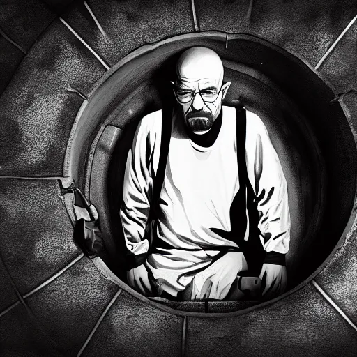 Image similar to Walter white hiding in a sewer, photorealistic, 4k