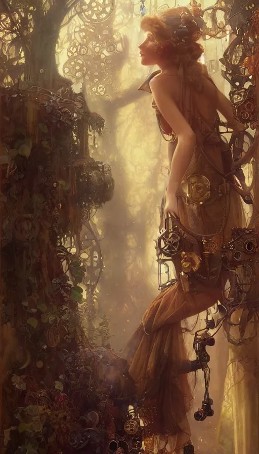 Image similar to hyper realistic photographer looking through camera, magical, steampunk, painted by tom bagshaw, mucha, gaston bussiere, craig mullins, j. c. leyendecker 8 k