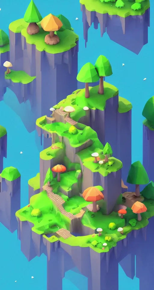Image similar to a cute little matte low poly isometric mushroom island, waterfalls, lat lighting, soft shadows, trending on artstation, 3d render, monument valley, fez video game,