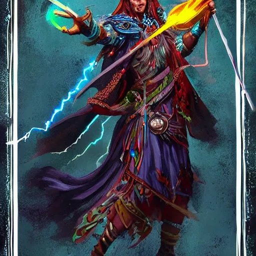 Image similar to shaman casting a lightning spell, d & d style, trending on artstation, colorful, intricate, art by kev chan