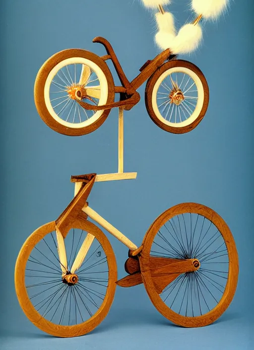 Prompt: realistic photo of a a medieval ritual astronomy appliance bicycle, made of wood white clay and fur with black wires 1 9 9 0, life magazine reportage photo, natural colors, metropolitan museum collection