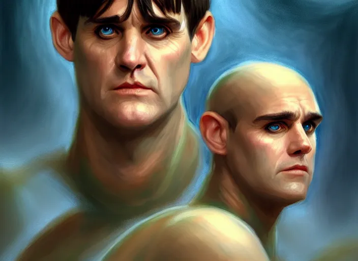 Prompt: hydra of lerna with two heads, one head is lloyd christmas, the other head is harry dunne ( from dumb and dumber ), serpentine water monster, d & d, fantasy, portrait, highly detailed, digital painting, trending on artstation, concept art, sharp focus, illustration, art by artgerm and craig mullins