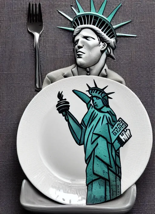 Image similar to Tom Waits eating a miniature Statue of Liberty on a plate in a restaurant, color photograph portrait 4k