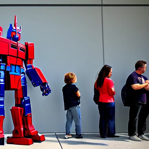 Prompt: optimus prime standing in line at the dmv