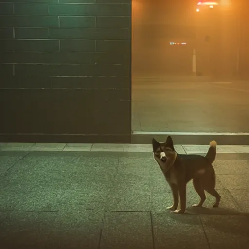 Prompt: high detail photo of a akita inu dog waiting alone at an empty foggy train station, orange green lighting, desolate, atmospheric, hazy, 8k, reflections