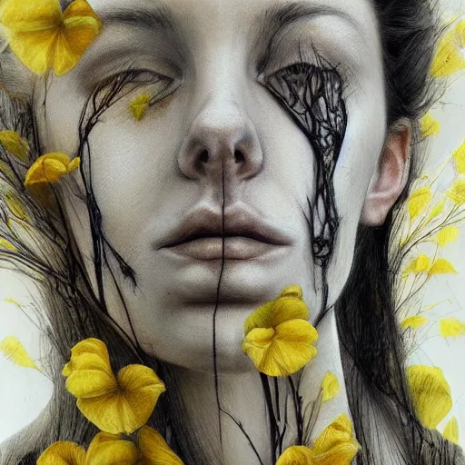 Prompt: masterpiece portrait woman, bones and veins, yellow, marco mazzoni, zdzislaw beksinksi