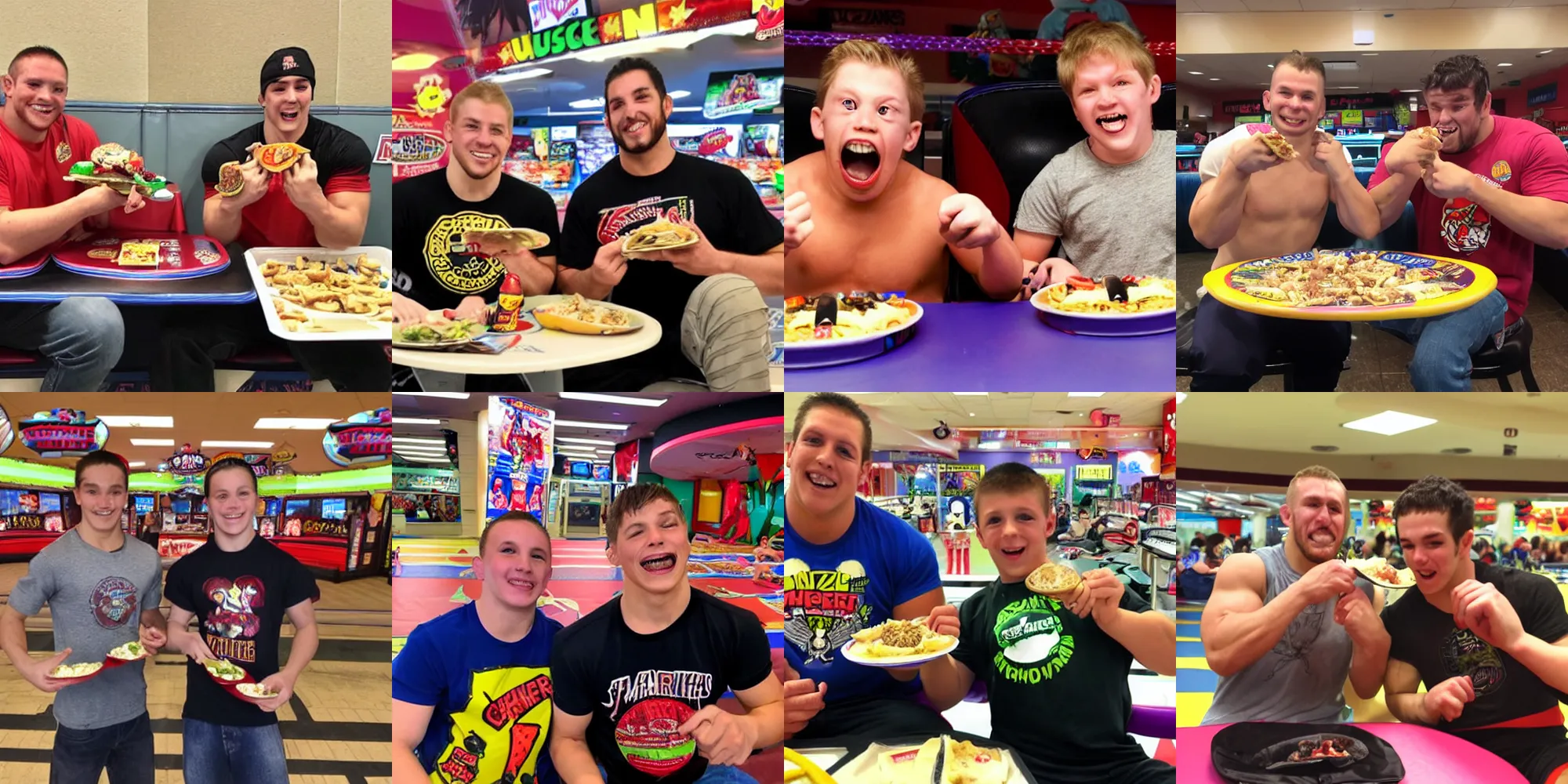 Prompt: wrestlers paul wight and marc henry eating at chuckee cheese