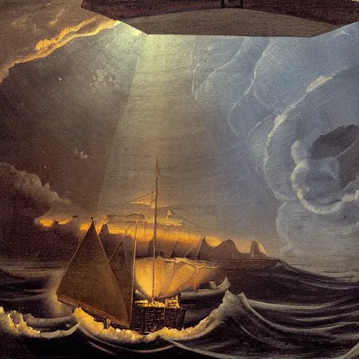 Prompt: landscape art of a dark ocean with no sun, the view is from a ship and the water in front of the ship is illuminated by a spotlight at the front of the ship, Michelangelo, painting