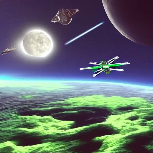 Image similar to horizon x wing space ship, tie fighters fighting in toxic green planet moon and stars in background hyper realistic, high definition cinematic