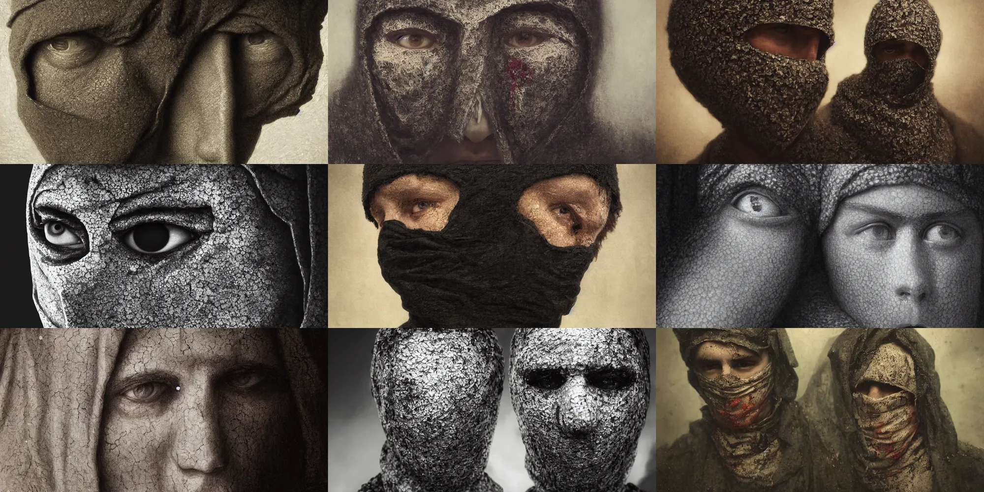 Prompt: white man wearing black balaclava covering face, highly detailed face, haunting eyes, closeup, by gustave dore. back glass painting, carnation, encaustic painting, b - roll, establishing shot, dappled light, crime scene photography, 8 k, vray, unreal engine, blender cycles, colorful