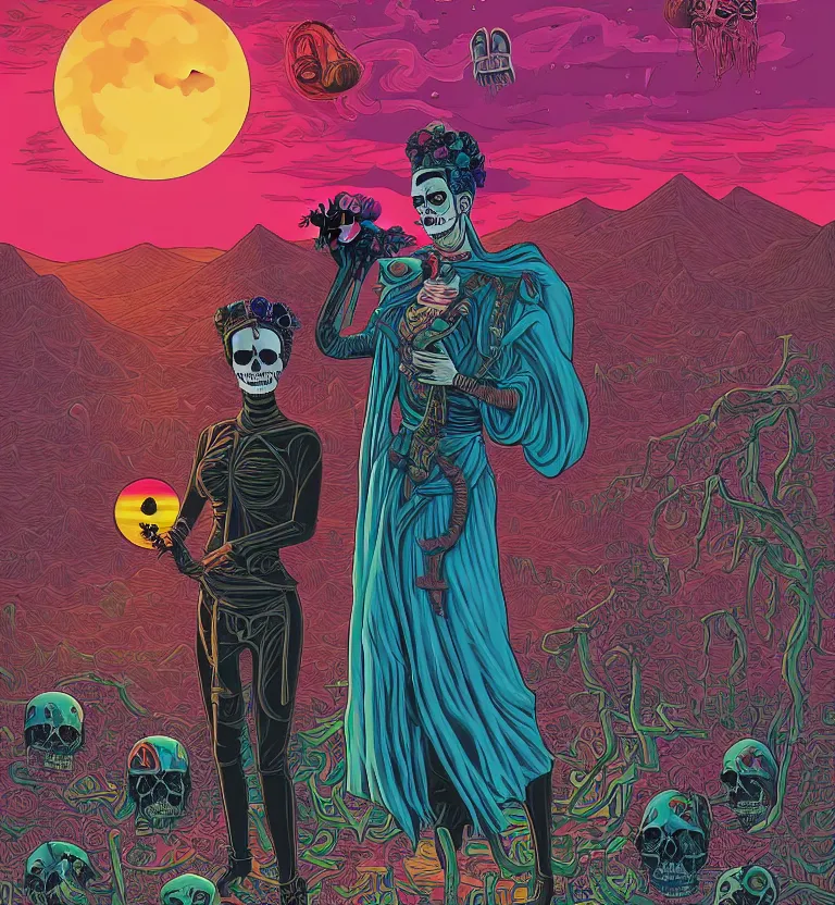 Prompt: Frida Kahlo as the Grim Reaper visiting an alien world that is a skull at sunset by Dan Mumford and Josan Gonzalez and Laurie Greasley and Tim Doyle, vaporwave, vibrant, high contrast, sfumato