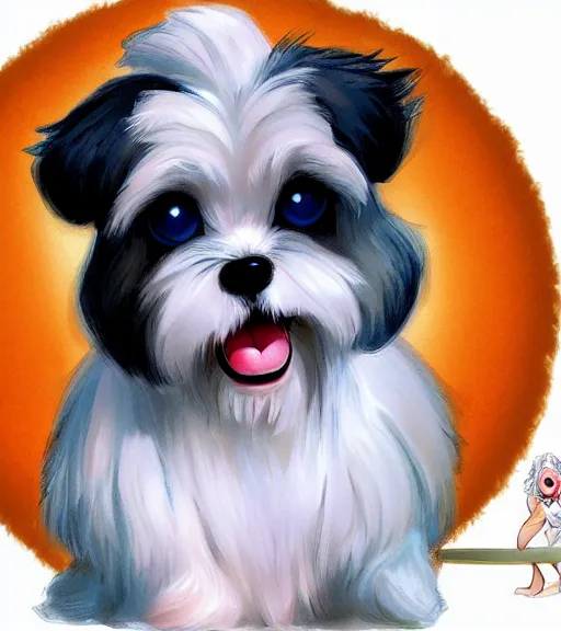 Image similar to small white shihtzu maltese mix dog on a merry go round smiling full color digital illustration in the style of don bluth, artgerm, artstation trending, 4 k