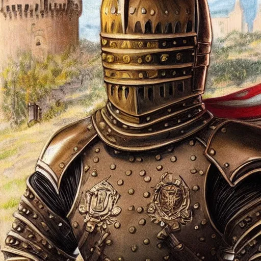 Image similar to knights armor, donald trump, crown!!!!!!, donald trump's face, detailed face, painting of a knight, boots!!!!!!, medieval castle background, valiant, by hans thoma