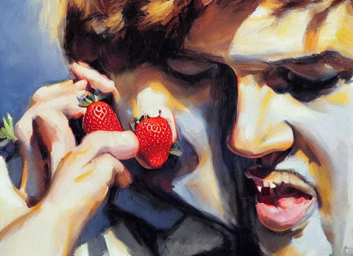 Prompt: a highly detailed beautiful portrait of elvis presley eating strawberry, by gregory manchess, james gurney, james jean