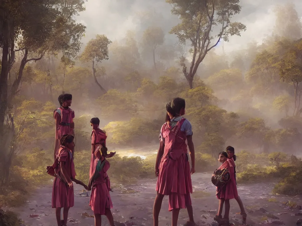 Image similar to kerala school boys wearing girls dresses posing for a photo, an epic fantasy, dramatic lighting, cinematic, establishing shot, extremely high detail, photorealistic, cinematic lighting, artstation, matte painting by simon stalenhag, horizon forbidden west