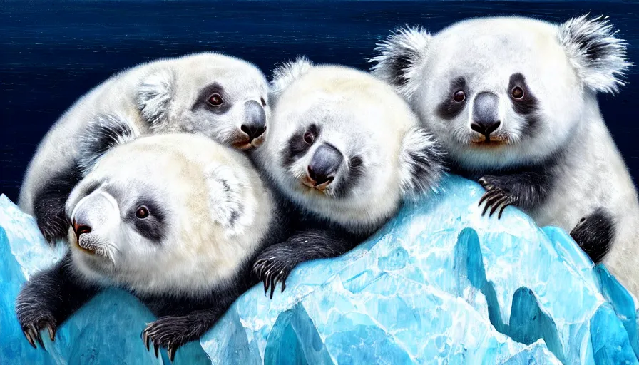 Prompt: highly detailed painting of cute furry white baby seal panda koalas cuddling into each other on a blue and white iceberg by william turner, by greg rutkowski, by william constable, thick brush strokes and visible paint layers, 4 k resolution