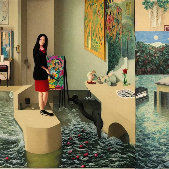 Image similar to female emo art student in her apartment, painting of flood waters inside an artist's feminine bedroom, a river flooding indoors, pomegranates, pigs, ikebana, water, octopus, river, rapids, waterfall, black swans, canoe, berries, acrylic on canvas, surrealist, by magritte and monet