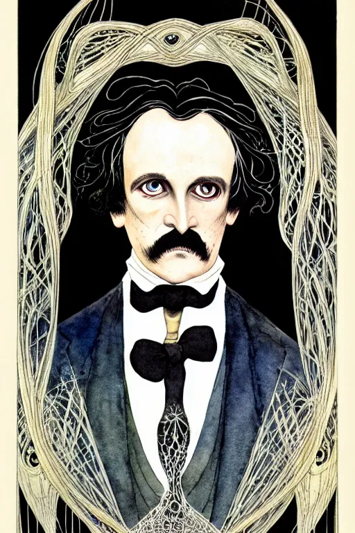 Prompt: realistic symmetrical portrait of edgar allen poe in the center of a black wing frame, detailed art by kay nielsen and walter crane, illustration style, watercolor