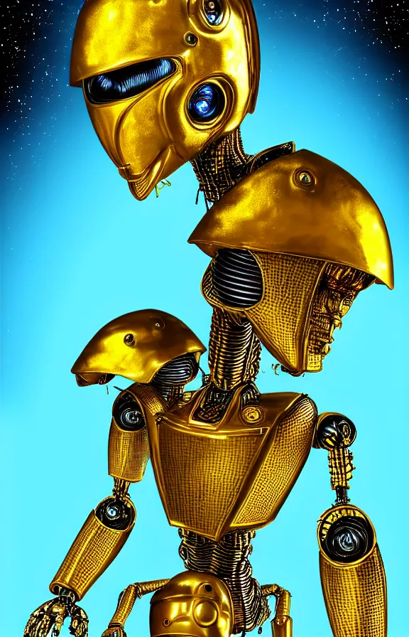 Image similar to portrait of a robot humanoid alien with golden armature and medieval helmet. Galactic iridescent background in the style of Tim white and moebius