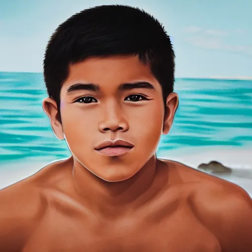 Prompt: a hawaiian filipino portuguese boy with dark brown hair and brown eyes, photorealistic imagery, self - portrait, 4 k, 8 k