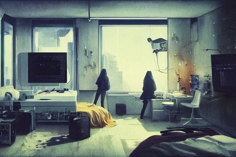 Image similar to IKEA catalogue photo, cyberpunk teenager bedroom, screens, TVs, monitors, robots, by Beksiński