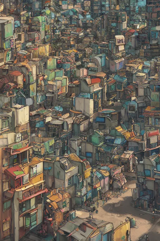 Prompt: Street Szene, scifi shanty town favela City Street with color full metal rooftops and wooden and concrete walls, intricate Details, illustration , in the style of Studio ghibli, tekkon kinkreet, akira, breath of the wild, myazaki, anime, clean render, denoise, rule of thirds