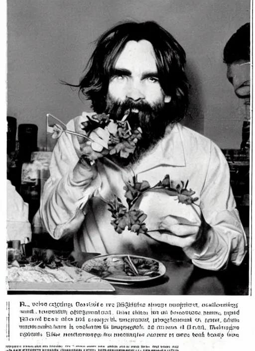 Image similar to vintage pharamaceutical magazine advertisement depicting charles manson eating flowers