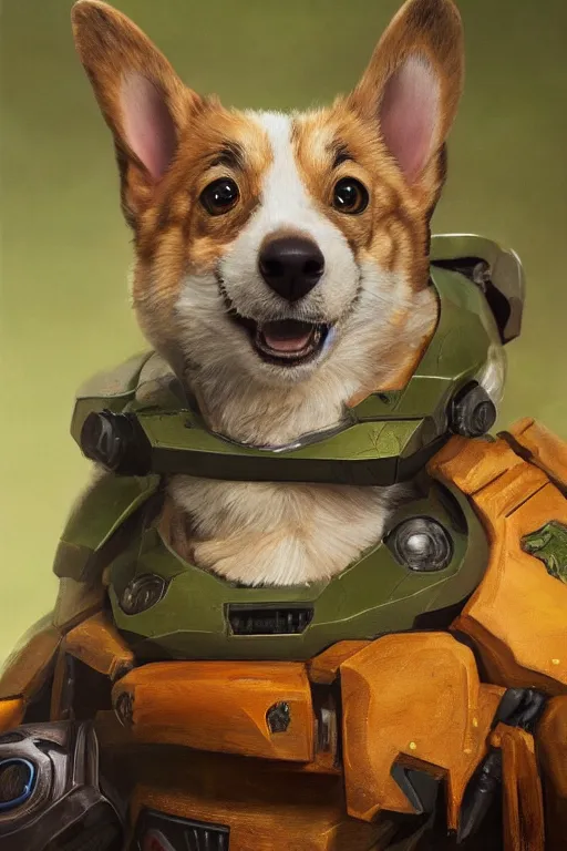 Image similar to master chief as a corgi, oil on canvas, intricate, portrait, 8 k highly professionally detailed, hdr, cgsociety