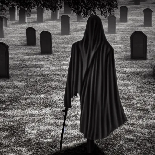 Image similar to the grim reaper wandering through a graveyard, highly detailed, extremely high quality, hd, 4 k, 8 k, professional photographer, 4 0 mp, lifelike, top - rated, award winning, realistic, detailed lighting, detailed shadows, sharp, no blur, edited, corrected, trending