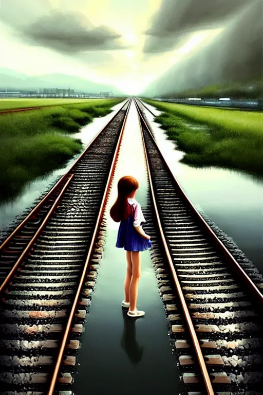 Image similar to shallow reflective water completely covers submerged invisible train tracks as a girl carries her shoes, there is a train station in the distance and large white clouds on a wide horizon, intricate, elegant, highly detailed, digital photo, artstation, concept art, smooth, sharp focus, art by artgerm and greg rutkowski and fra angelico