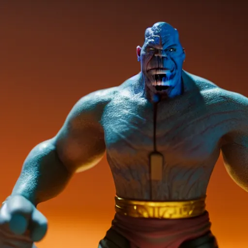 Image similar to a cinematic film still of a claymation stop motion film starring thanos, shallow depth of field, 8 0 mm, f 1. 8