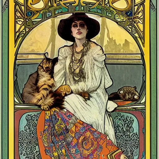 Prompt: a posters of Gypsy lady doing tarot card reading inside a gypsy caravan surrounded by cats in art nouveau from 1878, Alphonse Mucha, decorative panels, yellow paper, soft outline