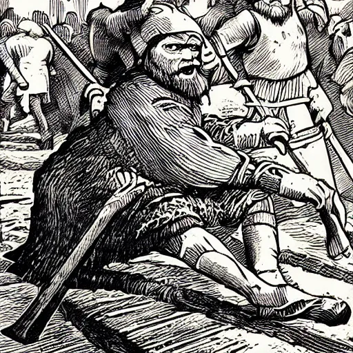 Prompt: pepe the frog, viking battles, saga, snorri sturluson, woodcut by christian krohg