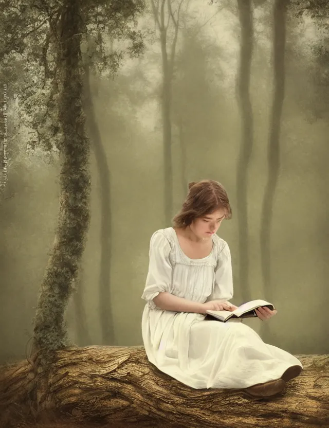 Image similar to peasant Girl in white reading a book sitting on a tree in a foggy forest, Cinematic focus, Polaroid photo, vintage, neutral colors, soft lights, by Steve Hanks, by Serov Valentin, by lisa yuskavage, by Andrei Tarkovsky 8k render, detailed, oil on canvas