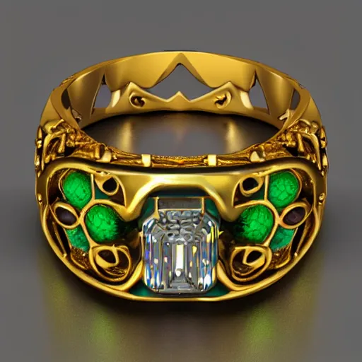 Prompt: mystical gold and diamond ring with fine purple and green details, ultra detailed, centered, octane render, elegant, caustics